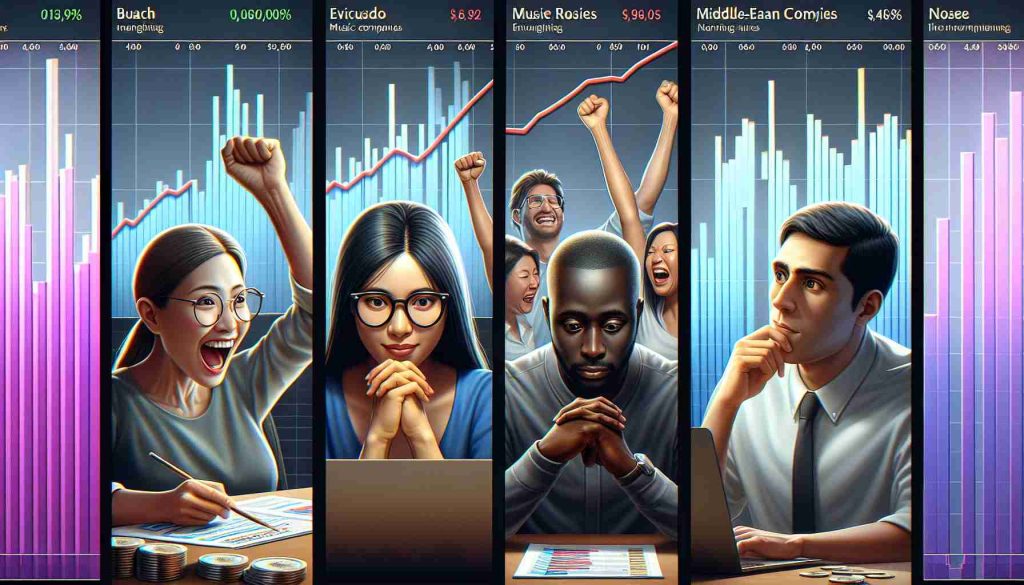 A realistic, high-definition image of a scene showing how different investors react as music companies navigate earnings. Picture four investors analyzing financial performance charts. One investor, a South Asian woman, eyes widened, jubilantly cheering against the backdrop of positive data trend lines. The second investor is a black man, pensively analyzing the data, maintaining a calm demeanor. To the side, a Middle-Eastern male investor clenches his fists in frustration as he looks at some losses. Lastly, a Caucasian female investor glances at her colleagues with an ambivalent expression, reflecting the unpredictable financial implications.