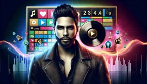 A realistic high-definition image envisioning a male R&B singer with short black hair and a neat beard, dressed in stylish casual wear, who represents the concept of an artist who has achieved a new streaming record. The background displays vibrant colors and symbols associated with digital music streaming platforms, such as play icons, headsets, and soundwaves. A large plaque representing a record is also shown, marked with symbols of many play counts, but no specific names or faces.