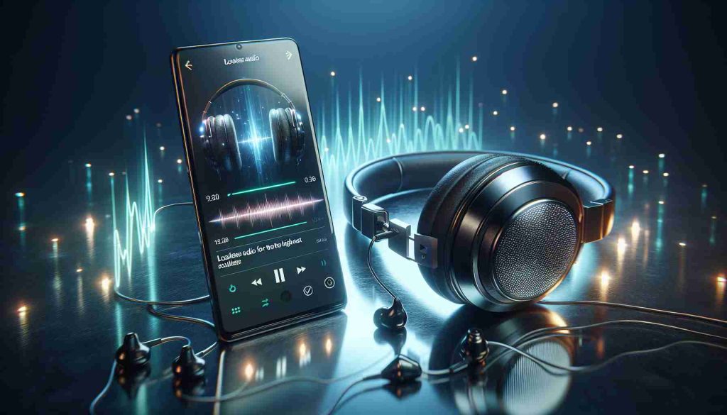 A high-definition, realistic image that portrays the concept of immersing oneself in high-fidelity music. The scene includes a pair of sleek, modern headphones resting on a glass surface with light reflecting off it, with radio waves flowing outwards from the headphones to denote the lossless audio. Near the headphones, there's a contemporary smartphone displaying a generic music application interface with a note saying 'lossless audio for the highest sound quality'. The environment should ooze quality and premium experience, but there should be no brandings or distinctive markings to reference any specific companies.