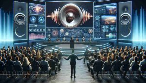 A high-definition, realistic representation of a groundbreaking new sound technology being revealed by a prominent executive in the tech industry. The setting could be a tech conference, with a large stage and big screens displaying the technical details of the sound innovation. The executive could be gesturing towards the screen, demonstrating enthusiasm and leadership. The audience is filled with diverse professionals showing interest and excitement.