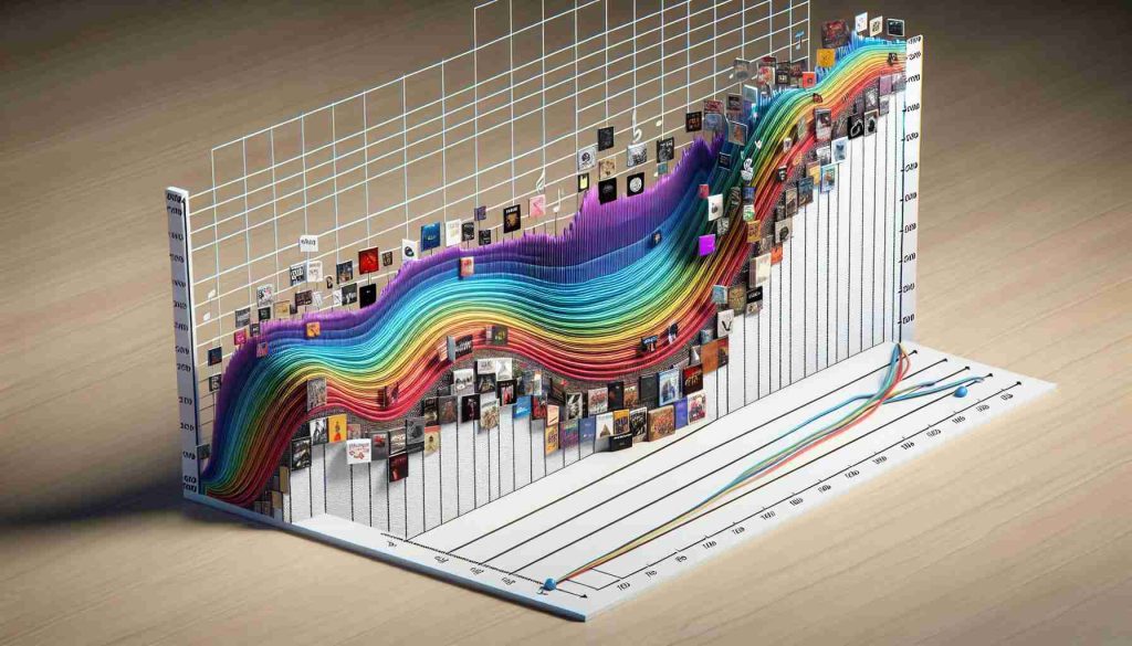 A high-definition and realistic visual representation of the evolution timeline of popular songs on Spotify. Imagine an increasing line graph with x-axis showing the years and y-axis representing popularity. Various genres can be symbolized with different colors while footnotes are given for famous songs throughout the times.