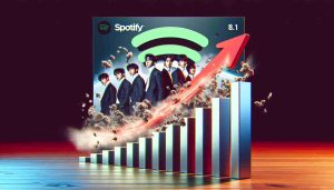 A high-definition, detailed image that showcases the concept of music charts dominance by a popular ordinal South Korean male boy band. Show the Spotify logo, and depict the chart rankings soaring. Include a new album symbol or icon, illustrating an explosive or dramatic release.