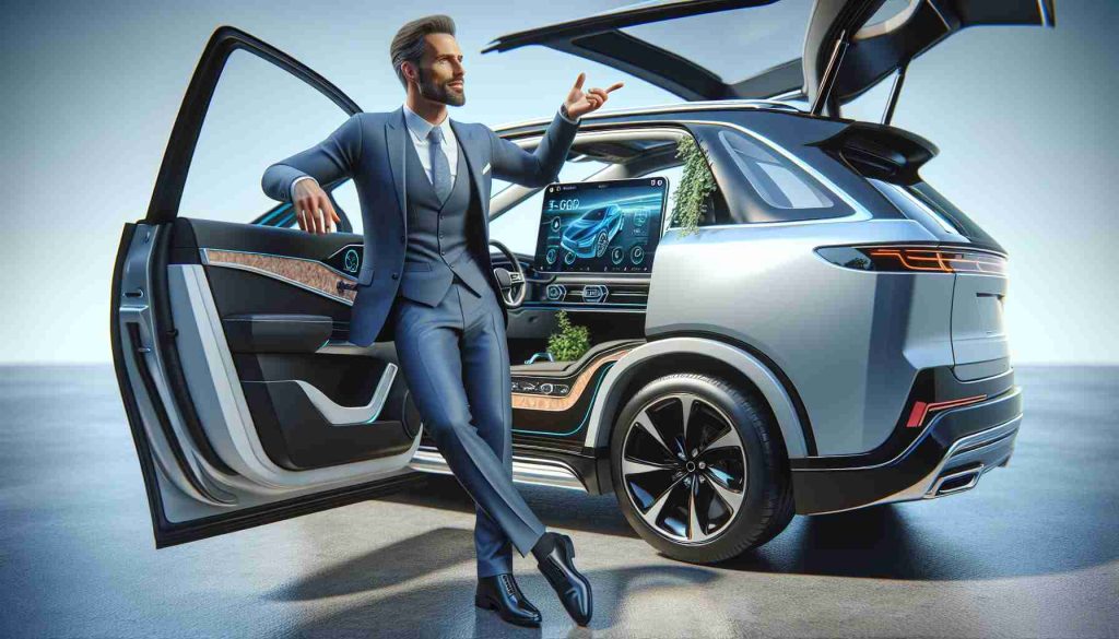 Realistic HD image of a generic male electric vehicle industry executive in a business suit, languidly leaning on a state-of-the-art electric SUV. He's enthusiastically explaining the innovative in-car entertainment features. The inside of the car exhibits a large touchscreen display, designed for seamless user interaction, displaying a variety of apps, and enabling high-quality video streaming.
