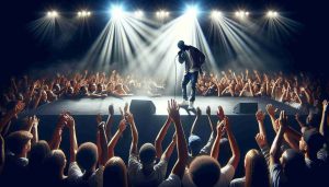 Create an HD image that represents the unprecedented rise of a talented imagery black male rapper. The scene should set in a crowded music concert with the rapper on the stage in the middle, passionately performing. The crowd should be a mix of excited fans of various descents expressing admiration and love for the performer. The stage setting should be grand with a bright spotlight on the rapper, suggesting his rise to fame and success.