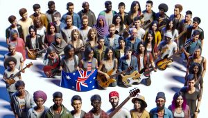 A high-definition, realistic image showcasing a diverse group of upcoming musicians who are making a significant impact in the global music scene originating from Australia. This group constitutes people of different descents such as Middle-Eastern, South Asian, Black, Hispanic, White, and Caucasian. Let's see a mix of genders within the group along with a variety of musical instruments symbolizing their diverse musical talents.