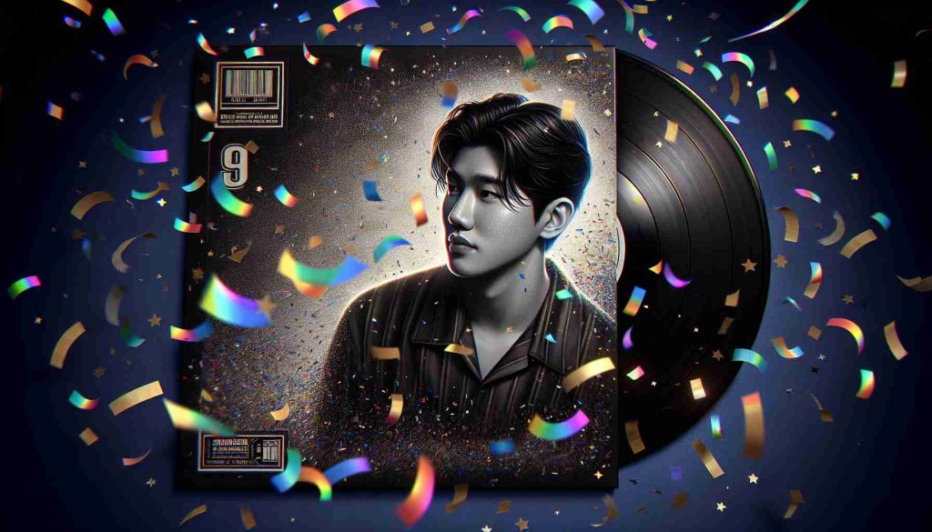 Realistically depicted album cover celebrating the record shattering solo debut of a successful South Korean pop star, featuring the artist in contrast against a background filled with falling confetti and record graphics.