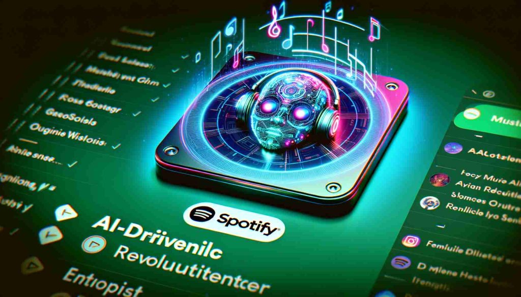 An HD realistic illustration of a music experience revolutionized with artificial intelligence. Depict an AI-driven DJ logo appearing on the Spotify platform. The logo should be modern and cool, composed of bright neon colors and technological elements, reflecting the advanced technology. The Spotify platform should be recognizable with playlist layouts, track names, and its distinctive green color scheme. The image might also show a touch of a futuristic vibe with holographic effects.