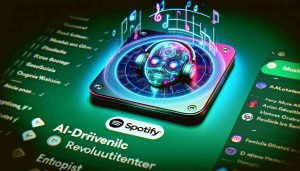 An HD realistic illustration of a music experience revolutionized with artificial intelligence. Depict an AI-driven DJ logo appearing on the Spotify platform. The logo should be modern and cool, composed of bright neon colors and technological elements, reflecting the advanced technology. The Spotify platform should be recognizable with playlist layouts, track names, and its distinctive green color scheme. The image might also show a touch of a futuristic vibe with holographic effects.