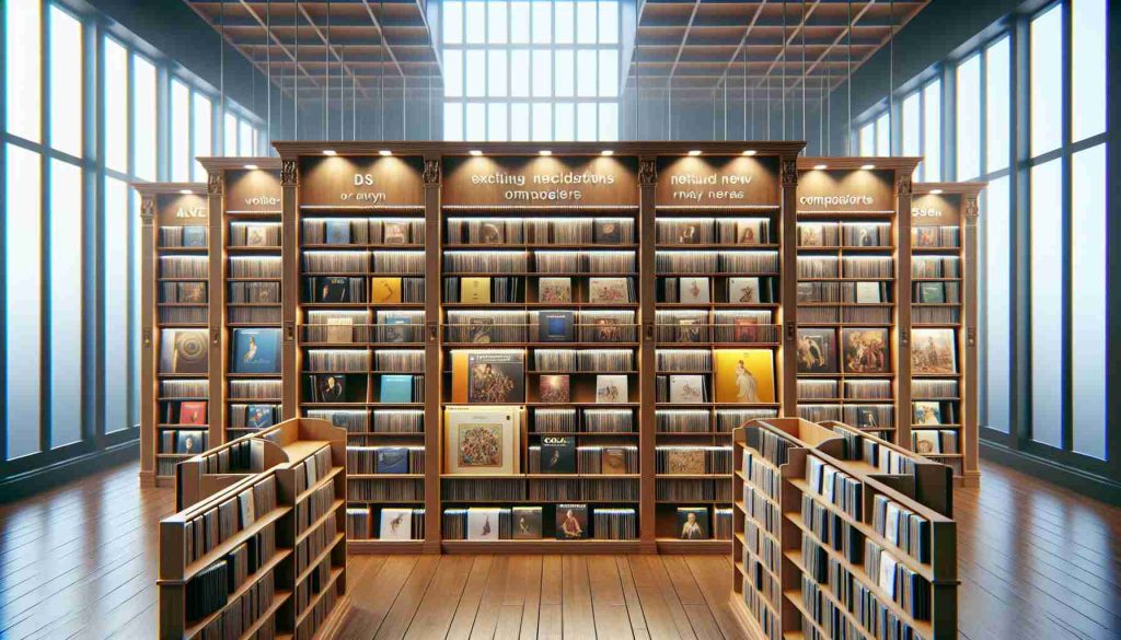 Visual representation of an open library with wooden shelves filled with a vast collection of classical music albums. Among the rows, there are sections highlighted signifying the exciting new additions to the library. Each section contains CDs or vinyl records from various composers from different eras. Feel the serene ambiance of the library, accentuated by soft, ambient lighting and the quiet stillness that accompanies spaces dedicated to music and arts. Imagine each album cover art showcasing classical artwork related to the music it contains.