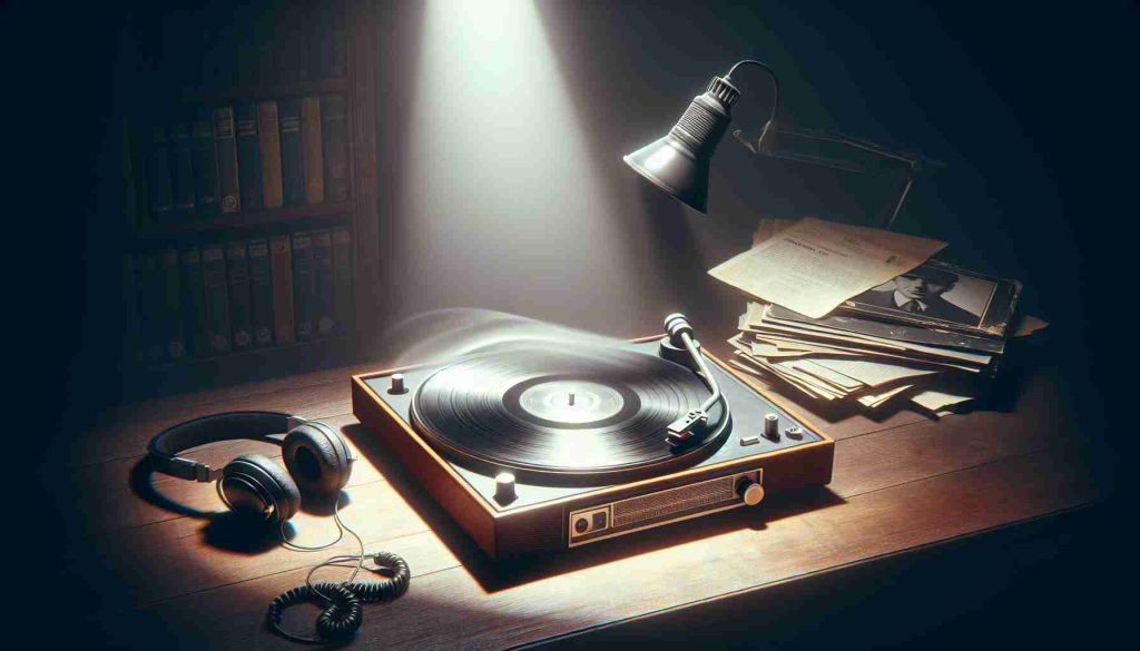 A hyper-realistic, high-definition image depicting the intriguing concept of a simultaneously anticipated and disappearing music album release. Feature a platter positioned in a shaft of light, a record beginning to fade away, giving the illusion of vanishing. Add elements like an empty record sleeve, headphones and a vintage turntable where the album was supposed to be placed, symbolizing the missing music. The environment should be light-controlled, dramatic with shadows and highlights, similar to a detective's office, symbolizing mystery.