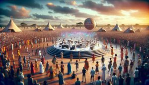Imagine a futuristic scene that represents the trends of African music in 2025. Picture an open-air music festival under the African sky, with myriad people of diverse descents swaying to the harmonious beats. In the center, visualize a group of mixed-gender artists, including Black, Caucasian, and Hispanic musicians working in harmony. They are creating a powerful fusion of traditional African music and electronic sounds, showcasing the innovative direction of African music in the future. Music-loving spectators representing a variety of descents such as Middle-Eastern, South Asian, and White are all part of this vibrant gathering, radiating joy and unity. Note, the image should be rendered in a realistic and high-definition quality.