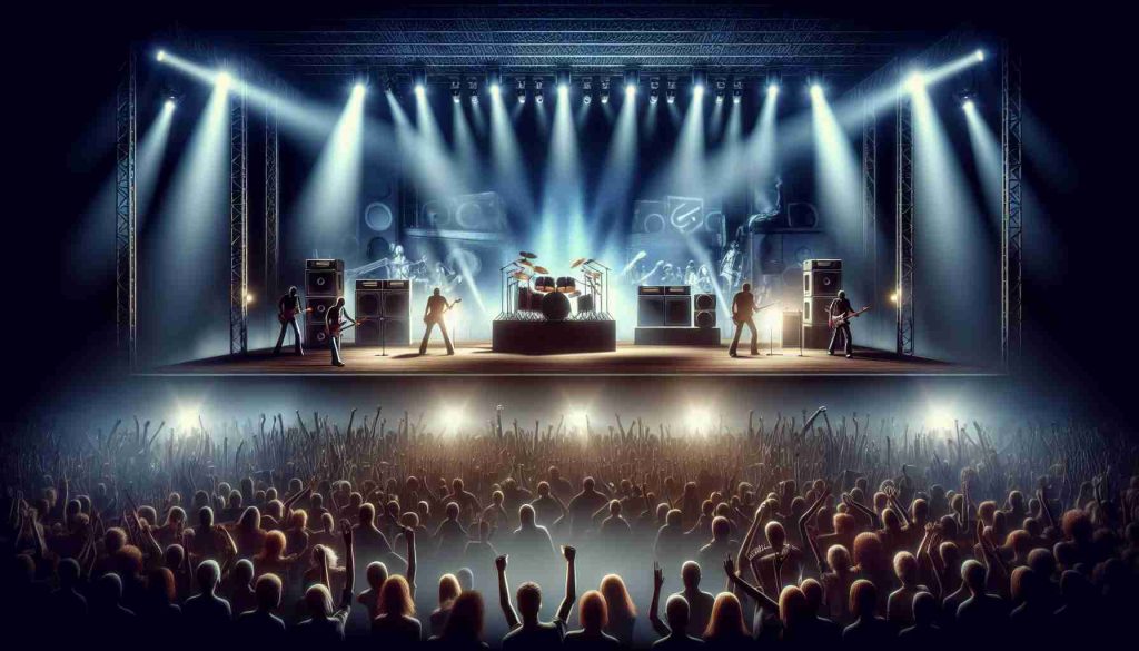 A high-definition realistic image symbolizing the legacy of a famous rock band known for their powerful music. The scene includes elements of a concert setting such as a stage with multiple instruments, crowd of passionate fans, and evocative lighting. This band is known for their strong influence on the music industry. Please note, no specific band members or identifiable features are included in this image.