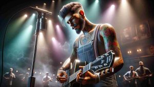 A realistic HD image depicting a contemporary male musician with facial tattoos, known for his artistic versatility and individualistic style. The musician is captured in action on stage with an F-1 Trillion guitar. The atmosphere is electric and lively, showcasing the musician's active role in revitalizing the country music genre with a fresh fusion twist. Multicoloured lights illuminate the scene while the audience watches, captivated, signifying the musician's significant impact on the music scene.