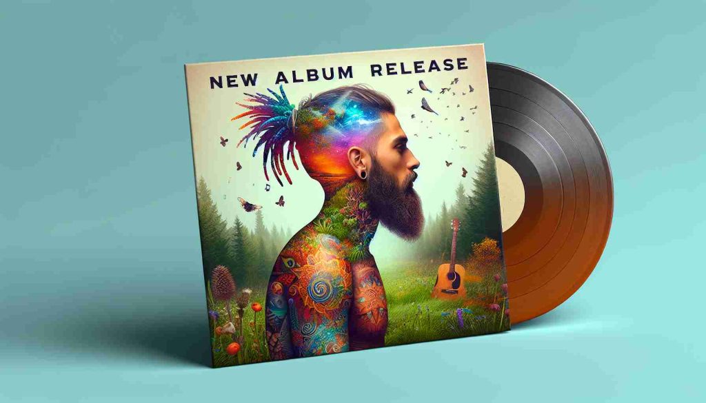 Realistic high-definition image depicting an album cover titled 'New Album Release', which represents an iconic music figure, associated with hip hop, veering into the terrain of experimental folk music. The cover is vibrant and modern, showcasing elements of folk aesthetics such as nature, acoustic instruments and rustic vibes, blended with the figure's distinctive modern style, including tattoos, hair bun, and trendy fashion.