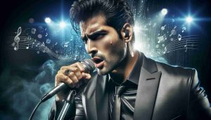 A high-definition, realistic image of a charismatic South Asian male singer captivating the streaming music world with his powerful and passionate performance. He must be in the middle of singing a captivating tune, with a microphone in his hand, intense expression on his face, sweat beading down his forehead, clearly showing the passion and energy he's putting into his performance. The background should depict a concert stage with streaming metaphors such as symbolic data streams, music notes floating, and digital icons to represent the streaming world.