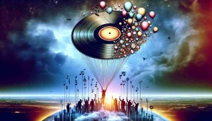 A detailed, high-definition image showcasing the cover of a globally high-ranking music album named 'Musical Odyssey'. The cover contains various elements symbolizing the ascension to high charts, such as a vinyl record being lifted by a bunch of balloons against a twilight sky.