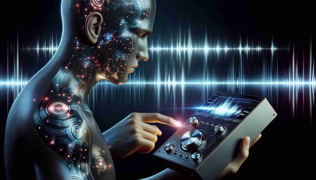 Realistic high-definition image depicting a person deeply engaged with an advanced technology audio device. The device features sleek design, illuminating lights, and an array of buttons suggesting different functions. Surrounding the person are sound waves in visual form, a representation of the high-quality audio experience provided by the cutting-edge technology.