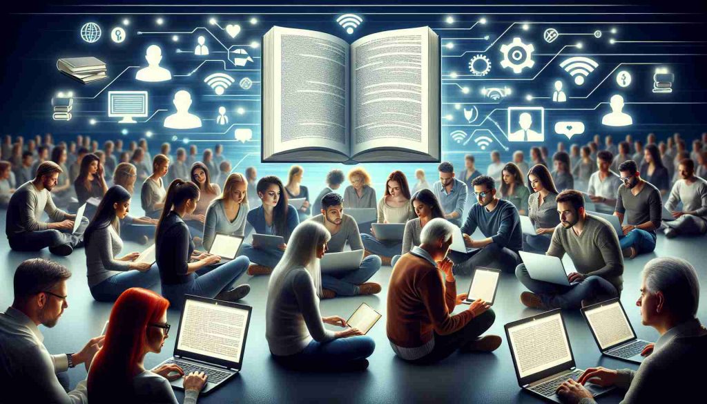 Realistic HD image portraying the concept of virtual book clubs in the digital age. The scene includes various individuals of different genders and descents attentively focusing on their electronic devices such as laptops and tablets. They all have expressions of deep engagement and there's a sense of camaraderie among them. The background features a large digital screen displaying an open book and symbols representing online connections such as WiFi signal and emoticons glowing softly, symbolizing the flourishing of digital literature clubs.