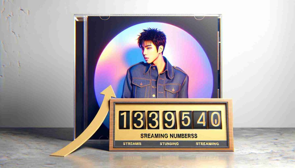 Realistic HD photo of a milestone achieved by a groundbreaking solo album of a popular male K-pop artist, showcasing impressive streaming numbers. Featuring the album cover art with a counter of streams in the background.