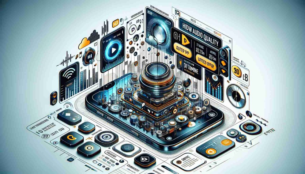 An illustrative representation of an innovative, high-definition audio quality streaming interface. The image should depict a clear and interactive interface on a digital device such as a smartphone or a tablet. The platform should give an impression of its cutting-edge audio quality through visual metaphors like sound waves or an HD indicator symbol. Also, include visual elements like play, pause, and skip buttons, a search bar, and curated playlists, suggesting it as a music streaming app. Along with this, a promotional banner or pop-up indicating a 'New Music Streaming Offer', possibly with a discount symbol or limited time offer visuals.