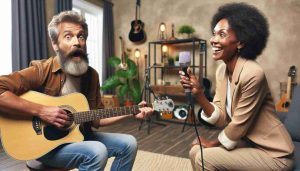 Generate a photograph style, high definition image representing the theme 'Unexpected Surprise: A Musical Interview.' In the picture, on a contemporary living room set, a middle-aged, bearded Caucasian man playing an acoustic guitar with wide-eyed surprise and fascination. Across from him, an older, black woman journalist, holding a microphone with a light-hearted laugh, just revealed she was a famous singer in her youth. The room is filled with a cozy, welcoming vibe, plants decorating corners, different music instruments in the background, hinting at the love for music the owner has.