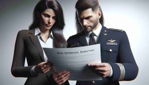 Create a realistic HD photo of a man and woman, in professional attire, concentrating on a document title 'New Strategic Direction'. The man has a military style short hair and the woman has long, dark hair. They exude traits of leadership, compassion, and dynamism.