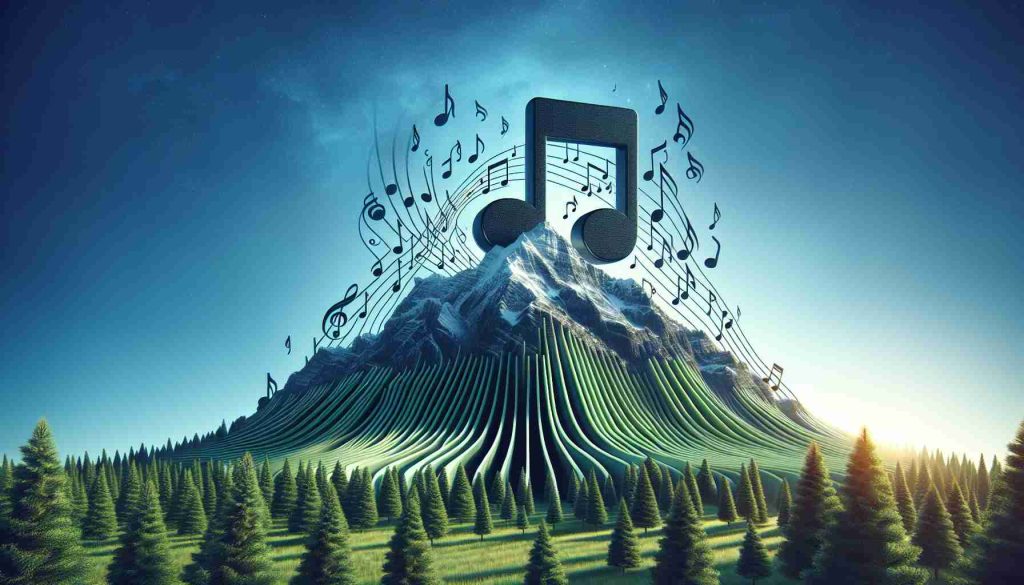 Generate a visual metaphor of a music app's success in the streaming market. Picture a digital application icon, symbolized by a swirling green and black music note, at the peak of a mountain, under a bright sky. The grooves of the mountain could be represented by lines of musical notes and chords, symbolizing the extensive catalogue of songs the app hosts. Other smaller peaks could represent competing applications, showing the height difference as a metaphor for the app's dominance in the market. Ensure the image is realistic and high definition.