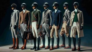 A high definition photo capturing the equestrian fashion trends of the future, as it would be envisioned in 2025. Specifically, it should faithfully portray the distinct style of horse-riding attire, focusing on the practical yet stylish components. This includes helmets, jodhpurs, boots, gloves and tailored jackets, all imagined with a futuristic perspective. The color palette is refreshing, filled with earth tones and bold splashes of color. The overall styling emphasizes a harmonious blend of tradition and innovation, suggesting an intriguing evolution of equestrian fashion over time.