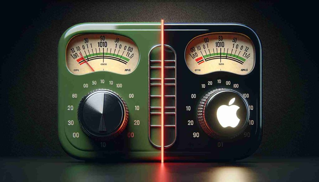 High resolution realistic representation of two large tech companies symbolized as two vintage-style radio dials with their logos, facing each other. The dial on the left is green, in contrast to the right dial, which is an elegant black with a glowing white apple logo. A red line, representing conflict, divides them in the center. The topic of contention is depicted as a sound volume slider in the middle, indicating the struggle for control.