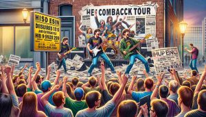 An HD illustration showcasing the exhilaration building as a popular guitar band from the 90s declares their comeback tour. Focus on the realistic details of the scene - band posters littering the street, fans clad in band merchandise, expressions of joy, and dates of the tour announced on various platforms.