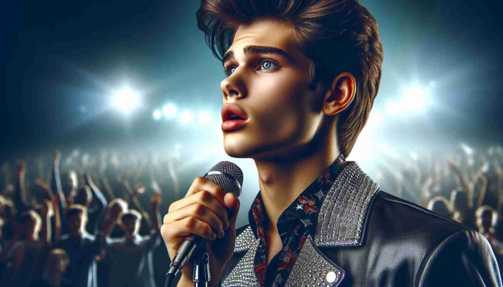 Realistic high-definition photo of a young musician's solo journey, becoming a rising star in the music industry. The image should capture the excitement, hopes, and challenges they're facing. Their stage presence is magnetic, their stage outfit, flashy and stylish, and their face expresses immense determination and passion. The background can hint at the vast audience they perform to, enamored by their music.