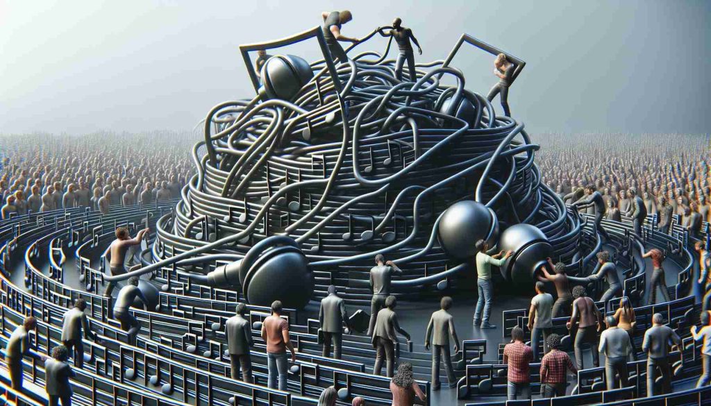 Create a high-definition, realistic depiction of the challenges faced within the streaming music industry. Show a few music artists of diverse descents including Black, Hispanic, and Caucasian, struggling to navigate through a large maze-like structure. This structure is made out of musical notes and represents streaming platforms. The artists should be handling large tangled up earphones trying to untangle them, symbolizing issues such as royalty payments, rights management, and competition. Also, show some listeners seen at a distance, to signify the distance between artists and their audience through these platforms.