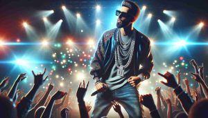 Realistic HD photo of an unforgettable performance by a distinguished male hip-hop artist during a night of music and memories. The artist is wearing stylish urban clothing and a dazzling chain necklace, giving it his all on an elaborately decorated stage against a backdrop of bright, colorful lights. The crowd is electrified, waving their hands enthusiastically in response.