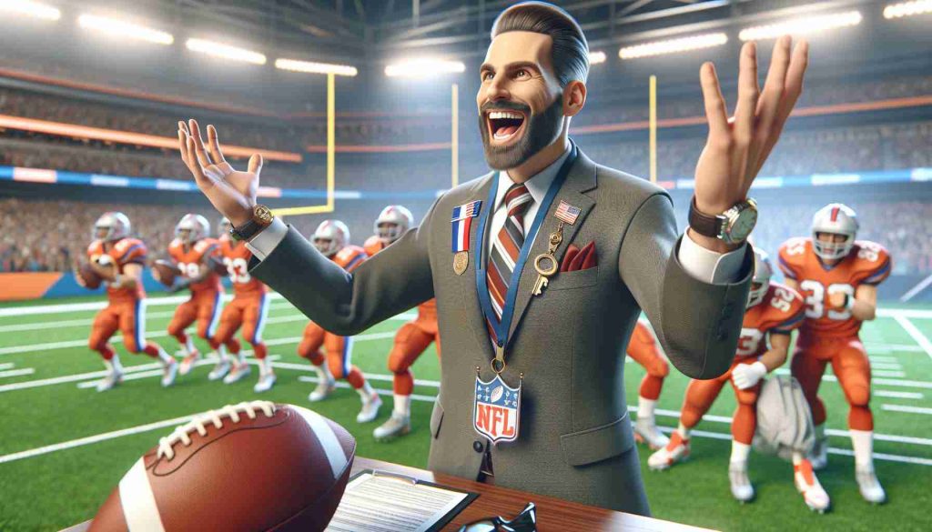 Realistic HD image of an enthusiastic sports organization's commissioner expresses excitement for the half-time performer of an upcoming major football championship event.