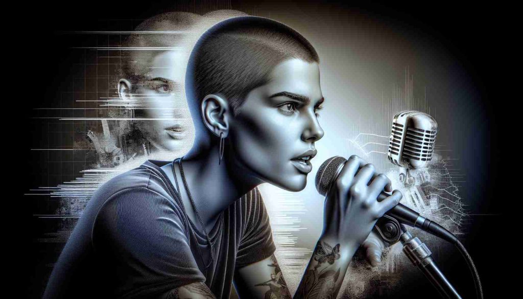 A realistic, high-definition artwork depicting a female musician with a shaved head, who strongly symbolizes individuality and rebellion in the music industry. She should be seen as intense and passionate, perhaps singing into a microphone or writing songs passionately. The background should reflect elements of her musical genre, which is alternative rock, with elements of the late 80s and early 90s era.