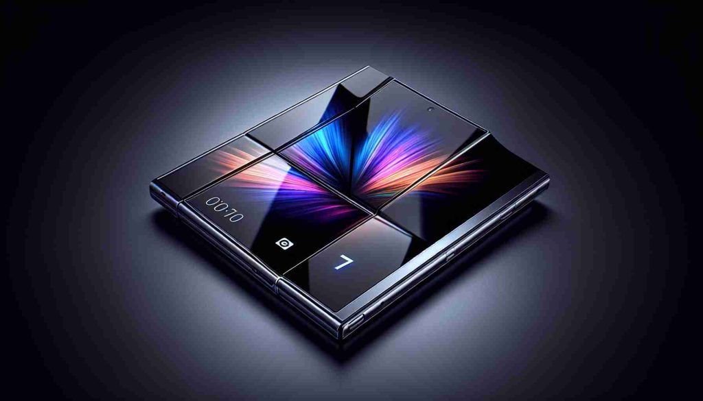 Create a high-definition, photorealistic image of an innovative, newly released foldable smartphone with a sleek design, featuring seven in its series name. The gadget is marked by advanced technology, a glossy exterior, and an impressive large multi-fold display. Please note that the brand name is replaced by a generic description to adhere to the policy of not promoting specific brands or copyrighted products.