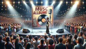 A high-definition, realistic illustration demonstrating the excitement of the music industry. The scene includes an individual enthusiastically announcing the advent of a new musical album on stage. Behind them, a bustling crowd can be noticed, people claps their hands in anticipation; others eagerly raising their smartphones to record the moment. A large poster shares the announcement, boasting the name of the new album. Bright spotlights illuminate the stage, casting a warm glow on everything around it. The individual making the announcement is a black woman, dressed in a charismatic, stunning attire of a typical music industry manager.