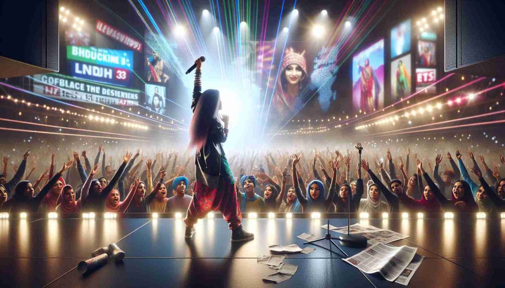 An extremely high-definition, photorealistic image displaying the scene of a South Asian Indian hip-hop artist on stage, raising her mic high up in the midst of a breathtaking performance, in front of an ecstatic, diverse crowd. The artist is adorned in vibrant street fashion, radiating creativity and inspiration. Floodlights and lasers dance around the stage, vividly highlighting the energy and passion that defines the global hip-hop scene. News headlines and accolades flash across digital billboards in the background, signifying that this artist has made record-breaking achievements in the music world.