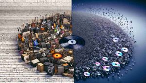 An hyper-realistic high-definition image, visualising the concept of 'The Playlist Dilemma: Endless Music or Endless Repeat?' On one side of the image, show a vast expanse of diverse musical instruments and musical notes, symbolising endless musical options. On the opposite side, depict a single motif, perhaps of a repeating, looping vinyl record or CD, representing endless repeat. The two sides should appear in stark contrast, demonstrating the struggle between the two dilemmas.