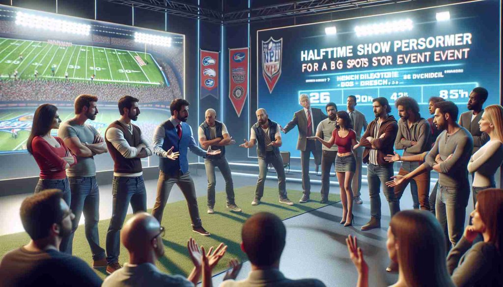 Realistic, high-definition image depicting a scene of a group of people in an intense discussion in a modern studio. Half of the group are standing firm with arms crossed, expressing disapproval while the other half are animatedly defending their choice with open hand gestures. In the background, a large screen displays 'Halftime Show Performer Selection for A Big Sports Event 2025'. Sports banners and emblems adorn the interior decor. Everyone present is engaged in the heated debate concerning the choice of the much-anticipated halftime show performer.