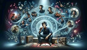 An immersive HD visual portrait of a young Asian male singer's musical journey, known for his exceptional performance skills. This illustration includes major milestones, such as his first performance, album releases, world tours, and fan interactions. He's exploring music beyond traditional records, venturing into different genres and pushing boundaries. His passion, dedication, and versatility are evident elements in the scene. The singer is depicted as being consistently surrounded by musical notes and instruments, symbolizing his life immersed in music.