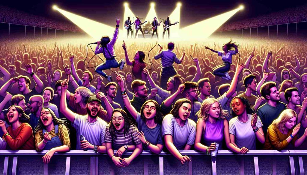 An HD illustration capturing the essence of fan interactions influenced by music. Depict a diverse group of concert-goers from different descents such as Caucasian, Hispanic, Black, and Middle-Eastern, both men and women, engaged in various activities. Some are dancing energetically, some are clapping and singing along, while others are waving their hands in sync with the rhythm. Doing all these while a faceless band plays on a brightly lit stage in the background suggesting the powerful effect of music. Capture the energy, unity, and the intimate connections formed between fans through the shared love of music.