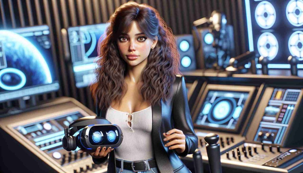 Realistic HD image of a collaboration between a well-known female singer of Cuban-American descent and an immersive virtual reality technology. The singer is fashionably dressed, displaying a characteristic confident persona. She appears fascinated by an interactive VR headset she's holding, as if she's stepping into another world. The surrounding area is filled with futuristic electronic equipment, hinting at a high-tech recording studio. Render her with expressive brown eyes and wavy, dark brown hair styled typically. Note: essence of the given description is captured, not a likeness of a specific individual.