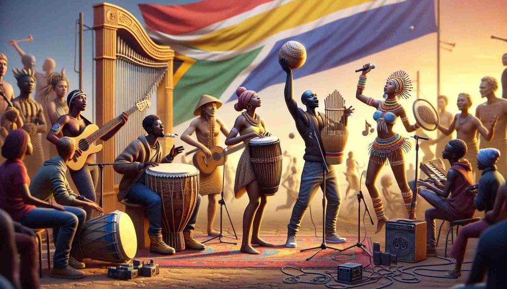 Generate a high-definition, realistic image showing the exploration of South Africa's rich musical diversity. It should highlight different musical instruments, symbolizing various tribal musical traditions. It could include someone playing the djembe drum, typical to the Bantu tribes, or the mbira, usually associated with Shona tribes. In addition, add a Kora, a musical instrument played by Griqua tribe. Depict individuals of different genders and descents, representing all South Africans coming together through music. Everything should be set in a vibrant outdoor celebration backdrop.