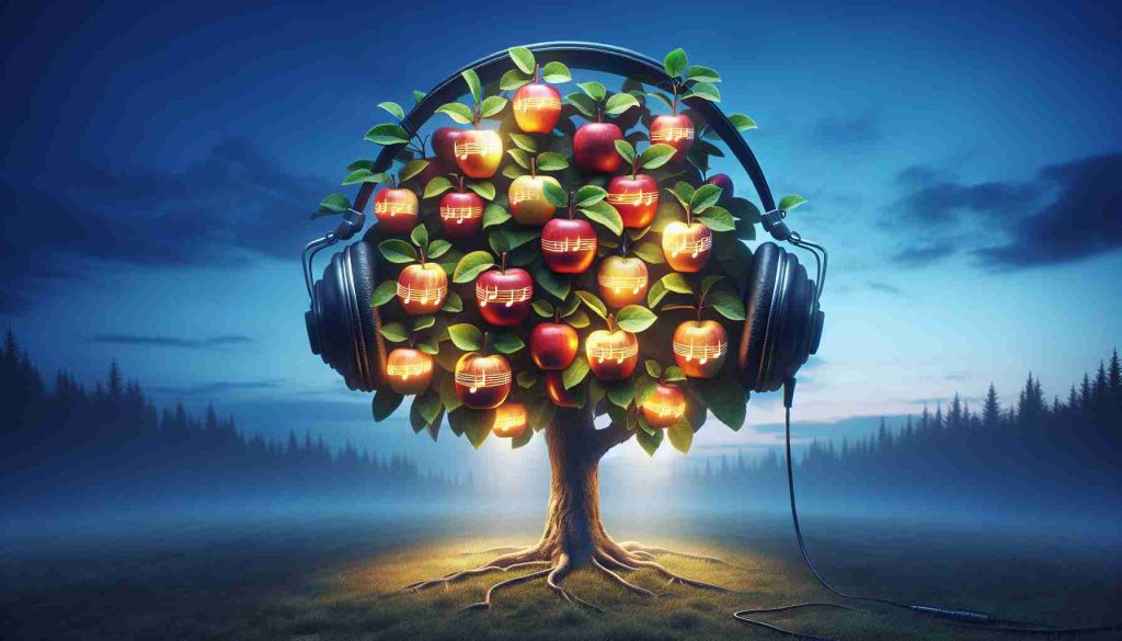 A high definition, realistically rendered image of a metaphorical interpretation of the phrase 'Discover New Sounds.' Picture this as a large apple tree filled with an array of different types of apples, symbolizing the variety of music. Attached to the tree branches are old-fashion headphones. Each apple is subtly glowing and contains a musical note within. The background is a serene twilight blue sky. A soft text overlay at the top of the image reads 'Discover New Sounds.'