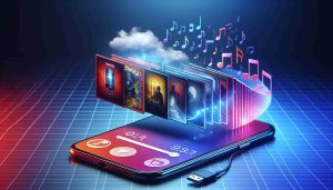 A high definition, realistic image illustrating the abstract concept of a music streaming platform (not naming any specific brand for the avoidance of copyright infringement) expanding its video content strategy. The image could possibly feature symbolic elements like a smartphone or computer screen with the application open showing various music albums, and then transitioning into video content, perhaps signifying an evolution in content strategy. The transformation could be conveyed with gradients or creative transitions. No logos, brand names, or copyrights should appear.