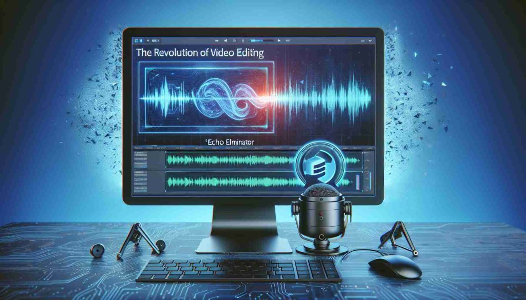 Depict a high-definition, lifelike scene showcasing the revolution of video editing with a cutting-edge tool called the 'Echo Eliminator'. It should visualize an innovative video editing software interface displaying the 'Echo Eliminator' feature in action. Perhaps there's a monitor with a waveform graph and other technical video editing tools visibly engaged. Include the icon for the Echo Eliminator which could be a stylized 'E' with waves emanating from it.