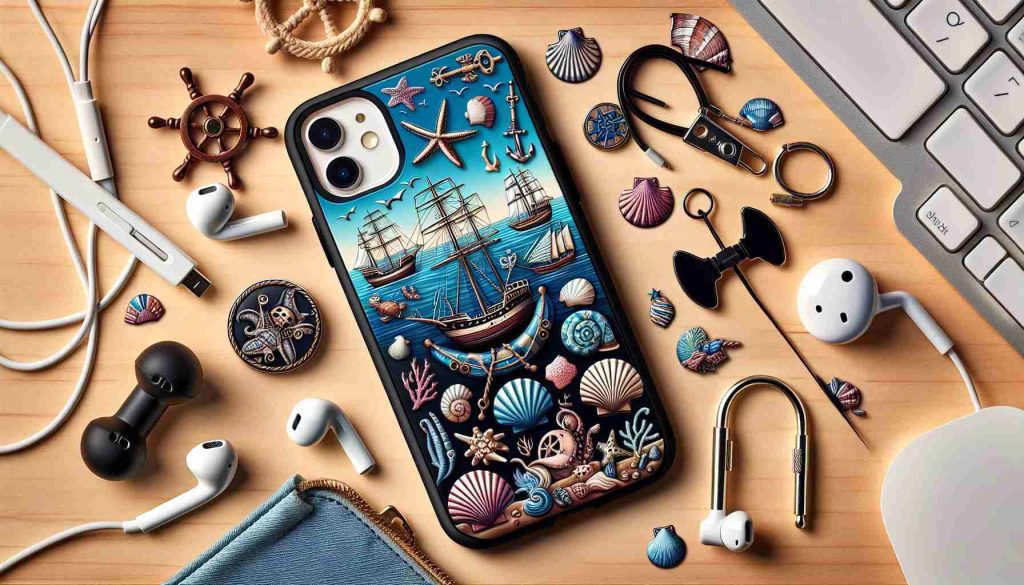 Generate a photo-realistic and high-definition image of new nautical-themed phone accessories being unveiled. Display a variety of items like phone cases, popsockets, earphone charms, etc. All accessories should be inspired by aspects of the sea such as shells, ships, anchors, marine creatures and more.