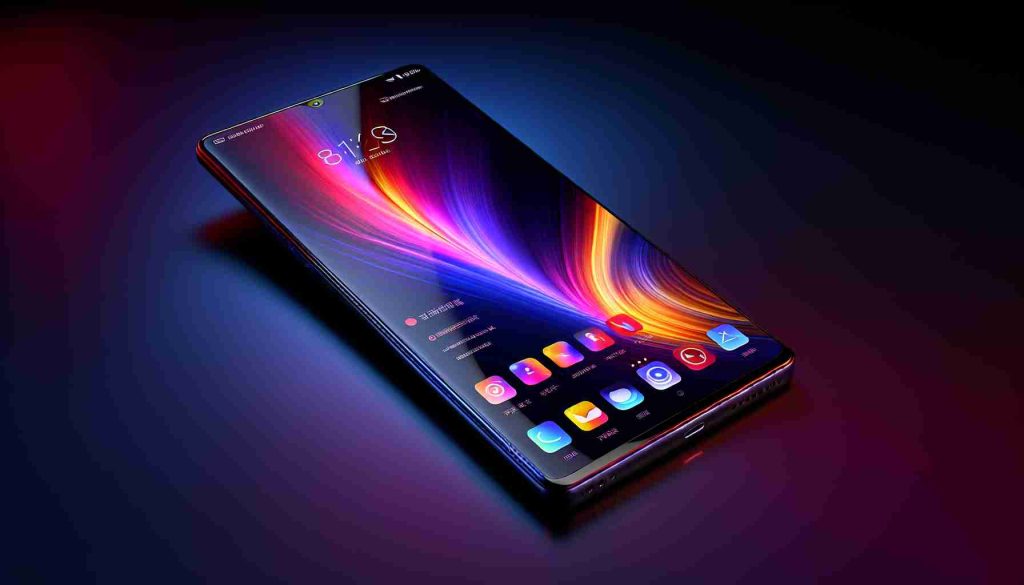 A high-definition, realistic portrayal of an innovative, stylish, and powerful smartphone named 'Aurora X1'. The phone should have a borderless screen, a sleek design with smooth edges, an elegant color which induces feeling of dawn or aurora. It should be displayed at an angle, showing the front and part of the side, to emphasize its thinness and the depth of the screen. The screen should be illuminated, exhibiting vibrant hues and icons symbolizing various apps, signifying the power of its interface.