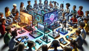 High-definition, realistic image displaying an array of futuristic technological devices designed for children. These can include interactive toys, educational gadgets, and innovative gaming consoles. The atmosphere should exude excitement and anticipation, showcasing a diverse group of children from different descents such as Caucasian, Hispanic, Black, Middle-Eastern, and South Asian eagerly interacting with the tech products.